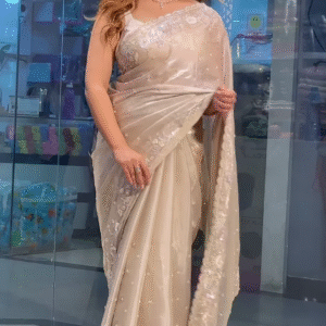 Party Modern Embroidered with Heavy Border Organza Brown Saree with Unstitched Blouse