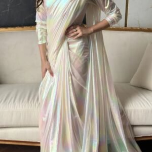 fancy satin white rainbow rfeady to wear saree