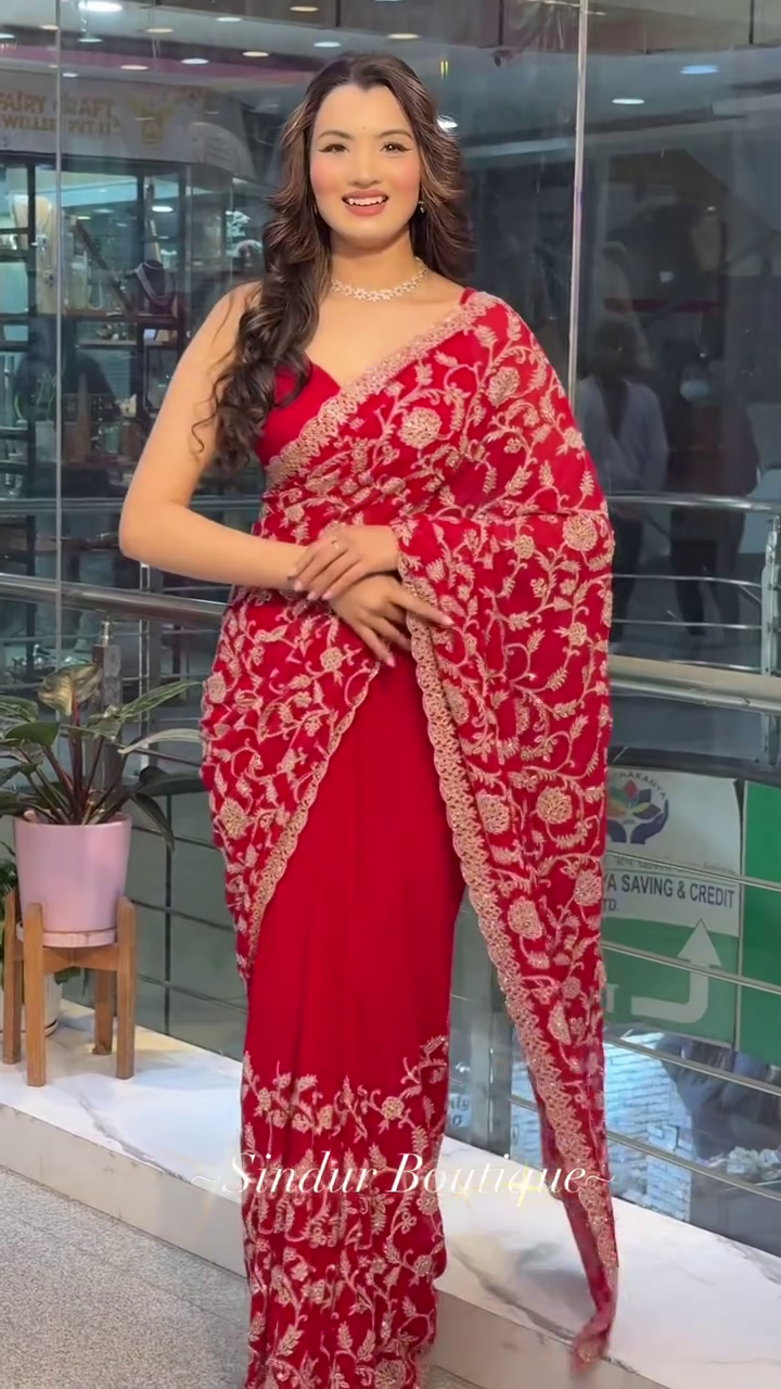 Radiant Red Embroidered Saree with Intricate Floral Detailing