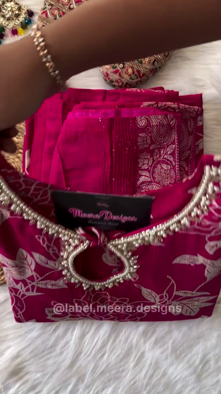 Elegant Magenta Floral Print Suit Set with Embellished Neckline and Matching Dupatta - Image 2