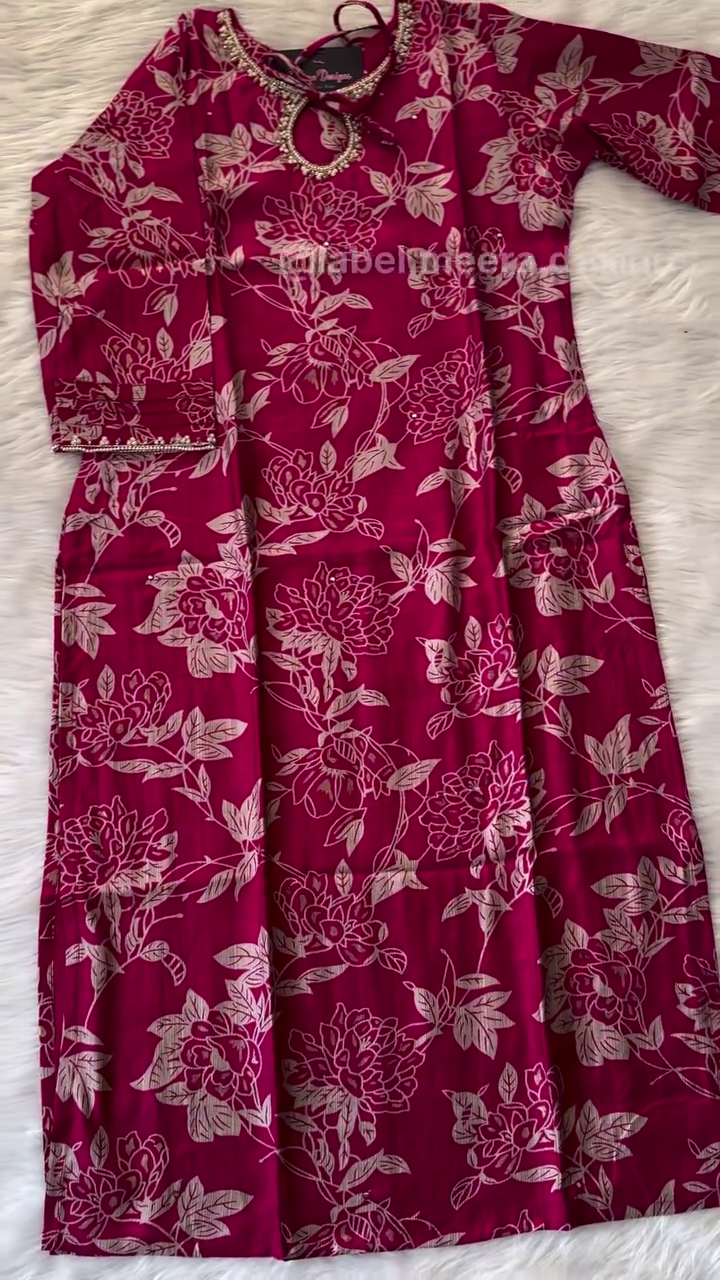 Elegant Magenta Floral Print Suit Set with Embellished Neckline and Matching Dupatta - Image 6