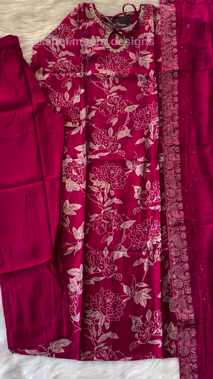 Elegant Magenta Floral Print Suit Set with Embellished Neckline and Matching Dupatta - Image 7