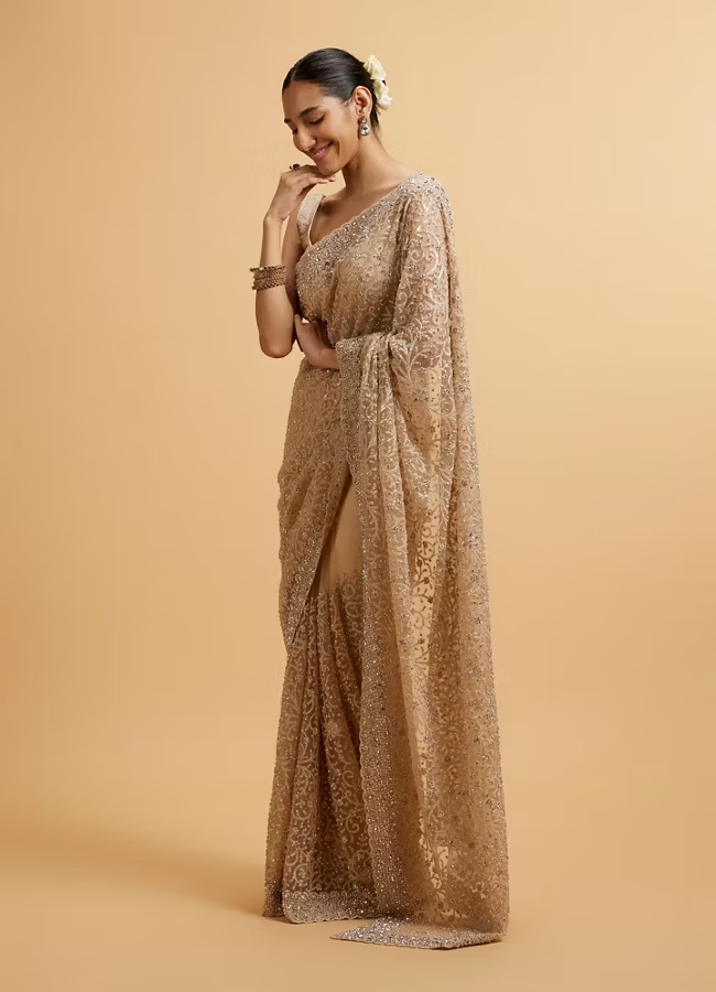 Beige Bel Buti Patterned Stone Embellished Saree - Image 5