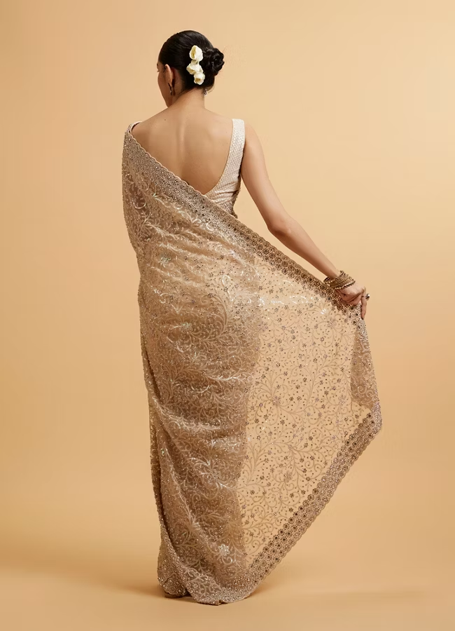 Beige Bel Buti Patterned Stone Embellished Saree - Image 4