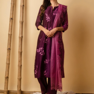 Leaf Applique Kurta Set (Wine) – A Stylish Fusion of Tradition and Contemporary Elegance
