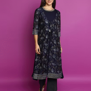 Navy Blue Three-Quarter Sleeve Layered Kurta – A Blend of Elegance and Comfort